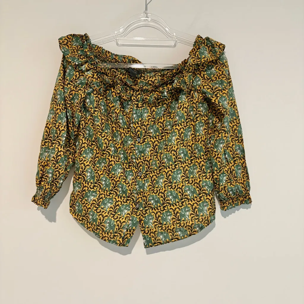 J Crew Ratti Elephant Print‎ Off-the-Shoulder Ruffle Top Gold Green Size 4 - Image 2