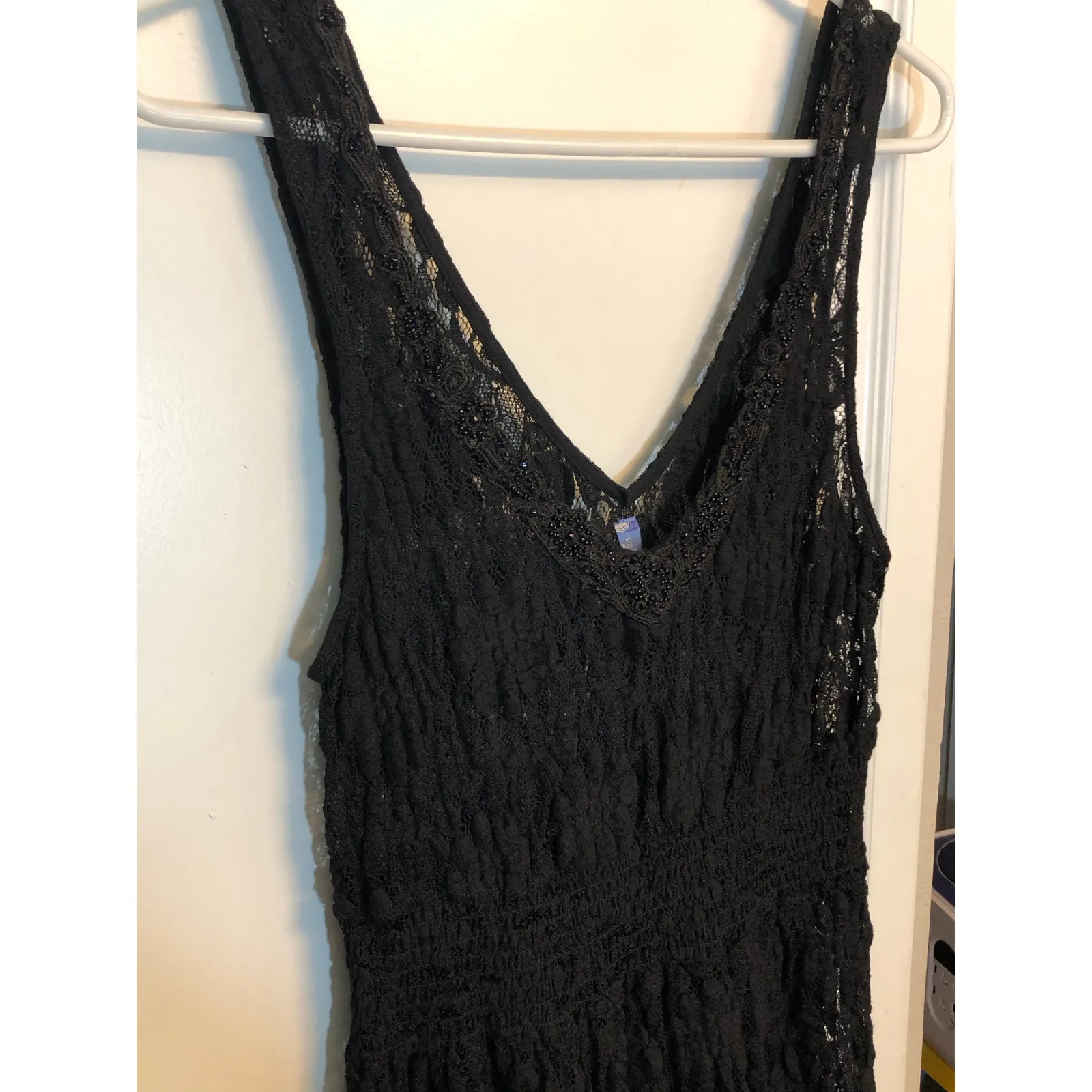 Free People sheer black floral lace mini dress with a beaded v-neck - Image 5
