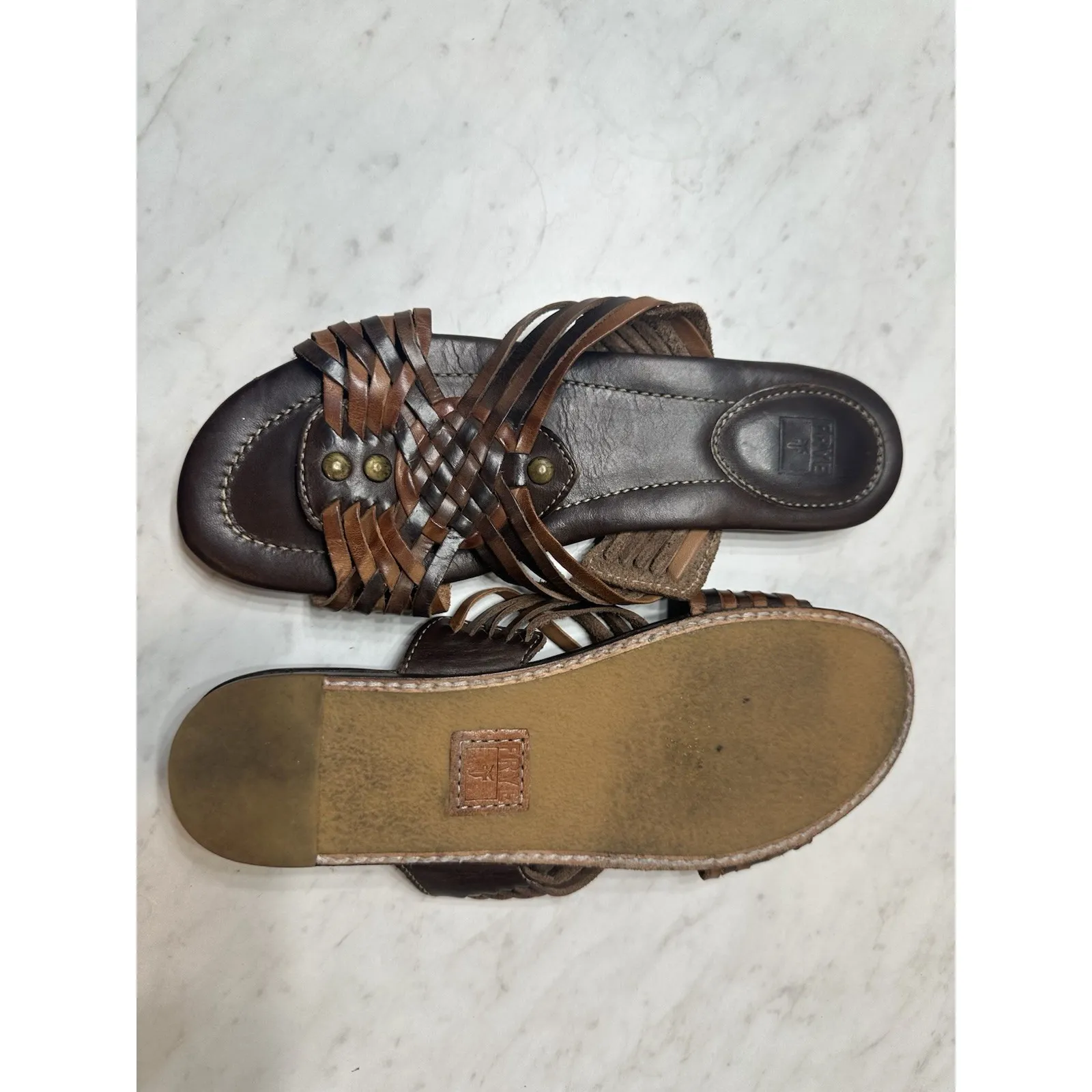 Frye Jayce Huarache Leather Slide Sandals Brown Woven Slip-On Boho 7 - Image 7