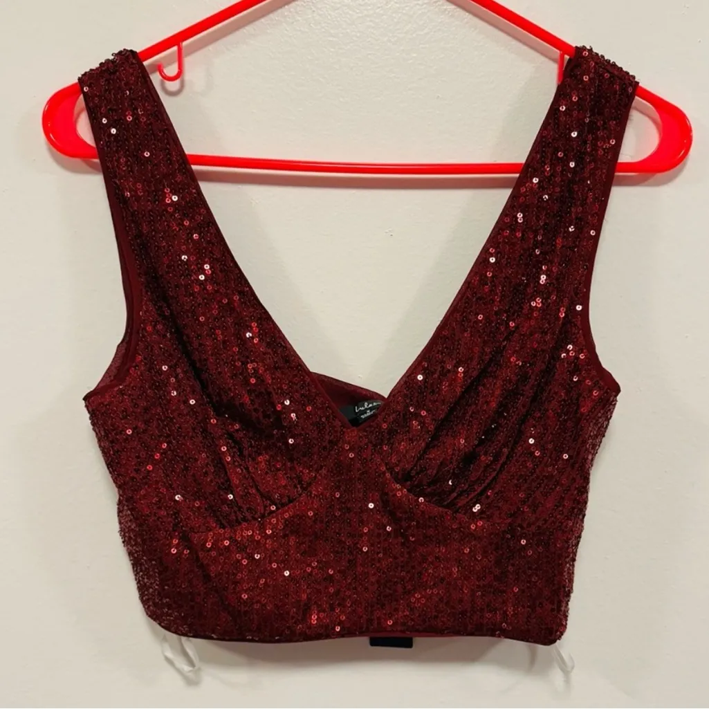 Lulu’s! Burgundy Sequin Crop Top dress tank top size small! Red - Image 3