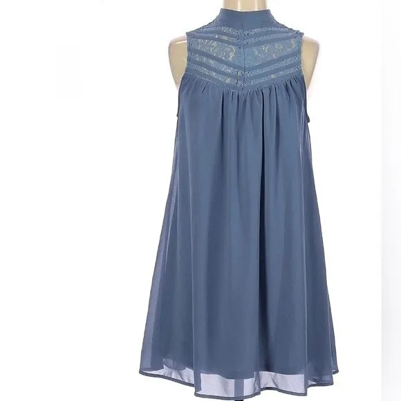 Lace yoke mock neck steel blue chiffon dress size XS - Image 2