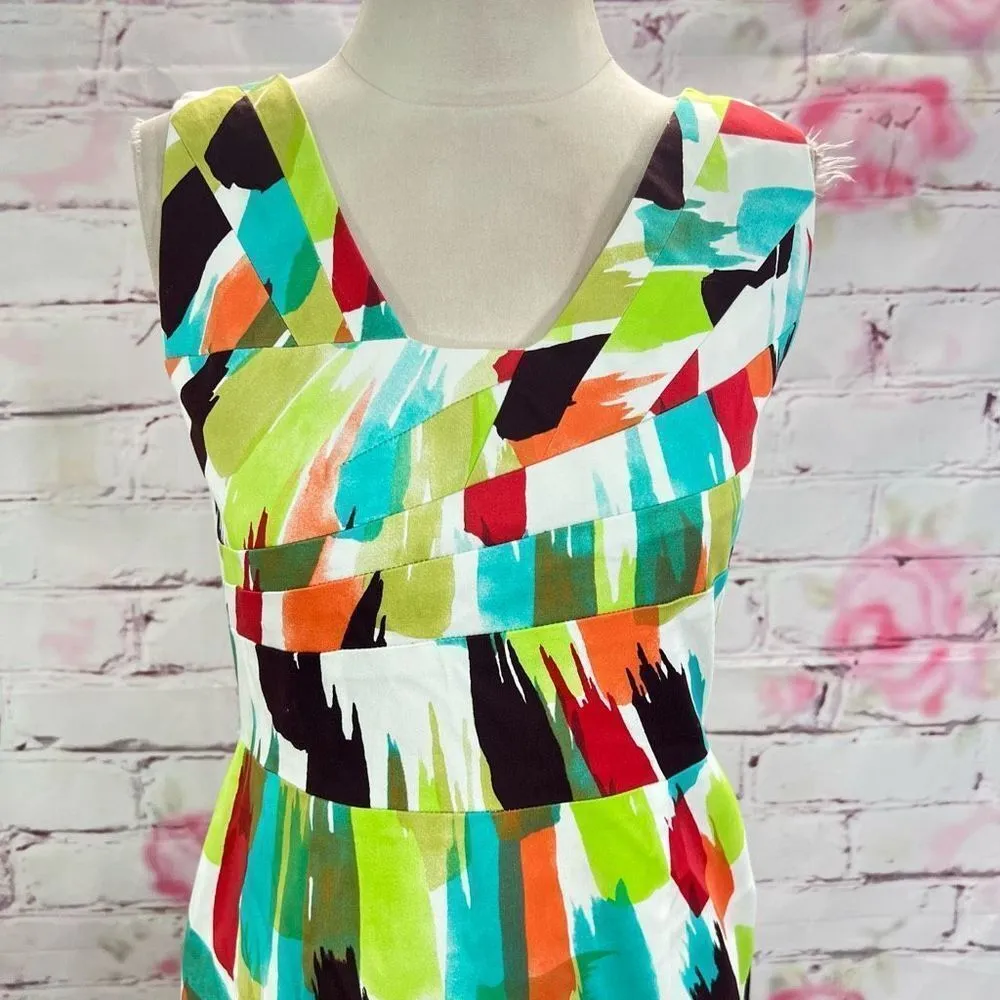 David Meister sleeveless white multicolored brushstroke cotton sheath dress size - Image 2