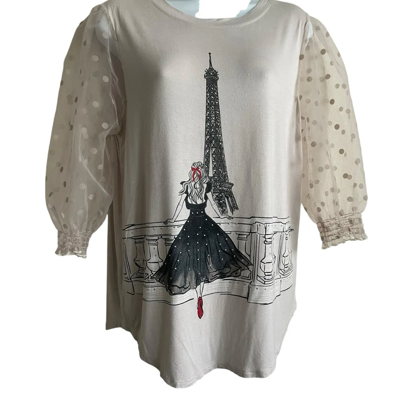 Love‎ & Lace Women Top S Eiffel Tower Sheer Net Sleeve Paris Graphic Multi Media - Image 4