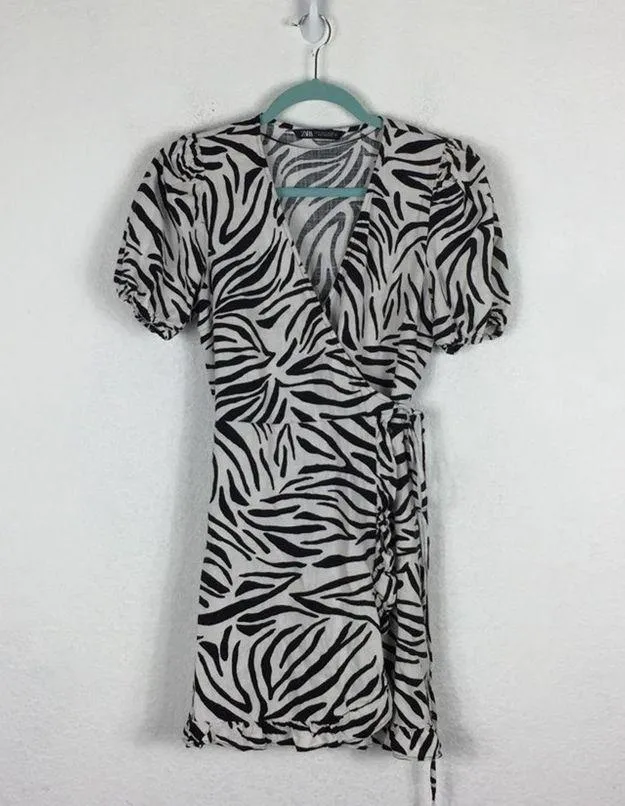 Zara Zebra Print Puff Sleeve Linen Wrap Mini Dress Small - Image 4