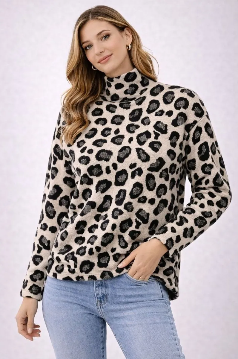 Tahari Women's Leopard Print Mock Neck Long Sleeve Sweater Top Size S - Image 1