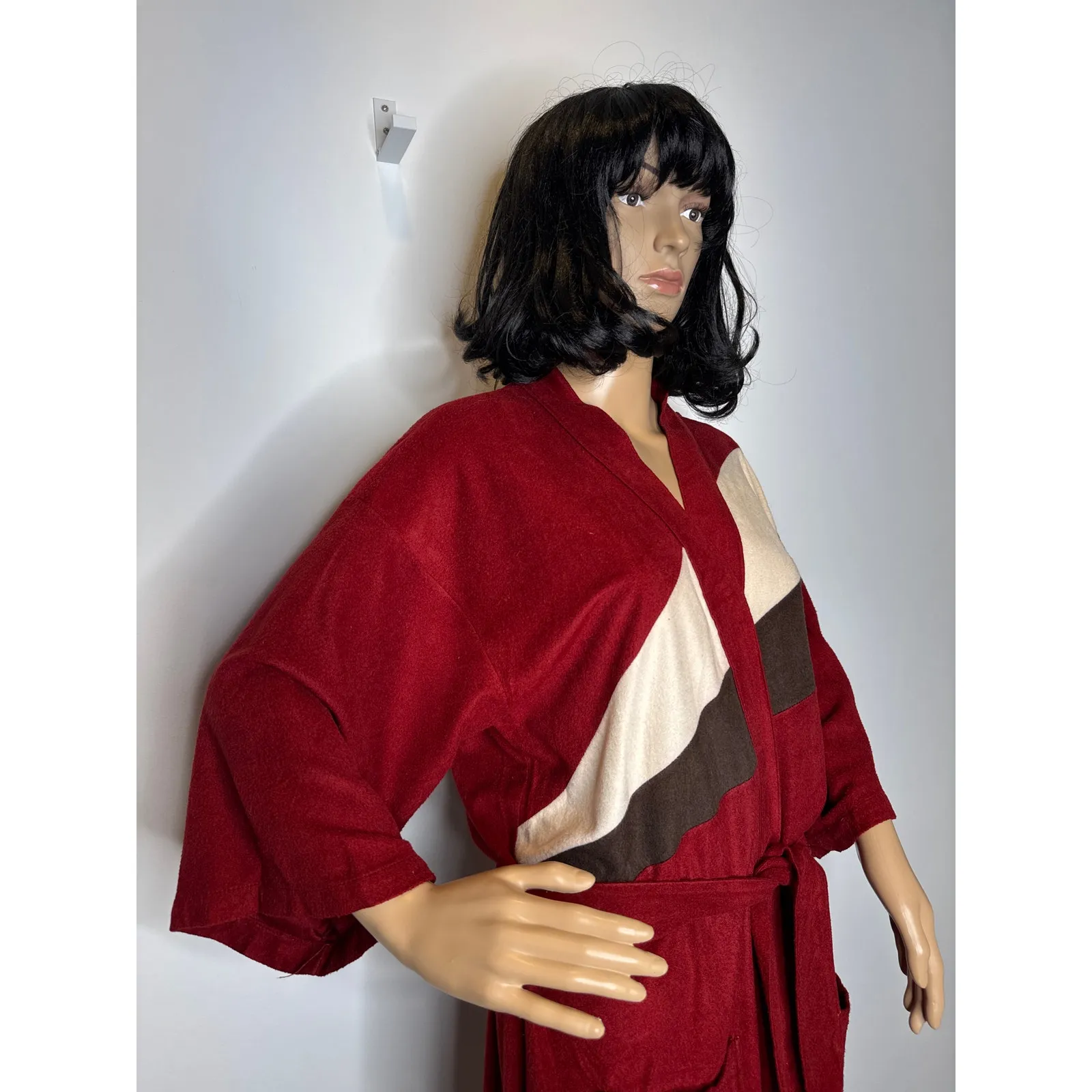Vintage Red Colorblock Velour Kimono Robe Dress with Belt M -L - Image 7