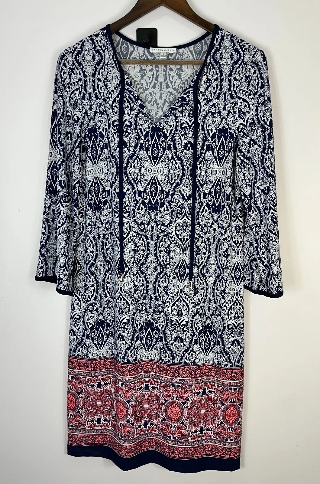 Sandra Darren Midi Shift Dress Womens 12 Geometric Boho Tassel Resort Travel - Image 1