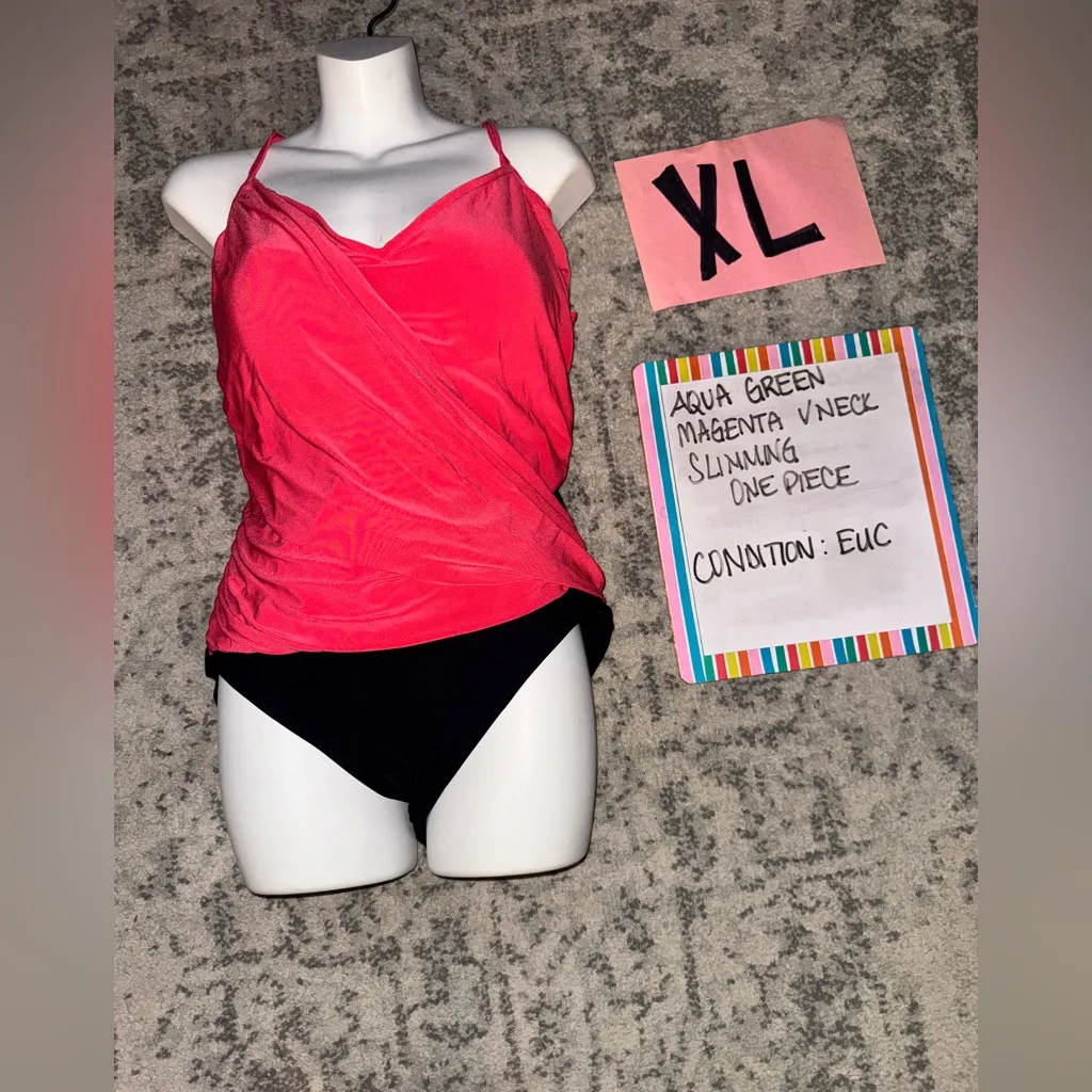 Aqua Green Coral Pink Wrap Style One Piece Bathing Suit Slimming Size XL VNeck - Image 2