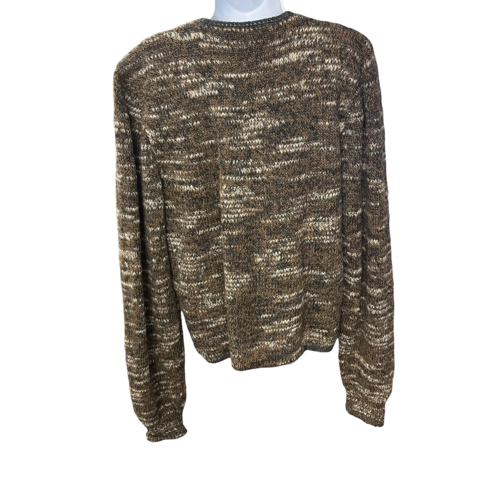 Handmade Mixed Knit Button Up Cardigan Sweater Brown Marled Pattern V Neck - Image 2