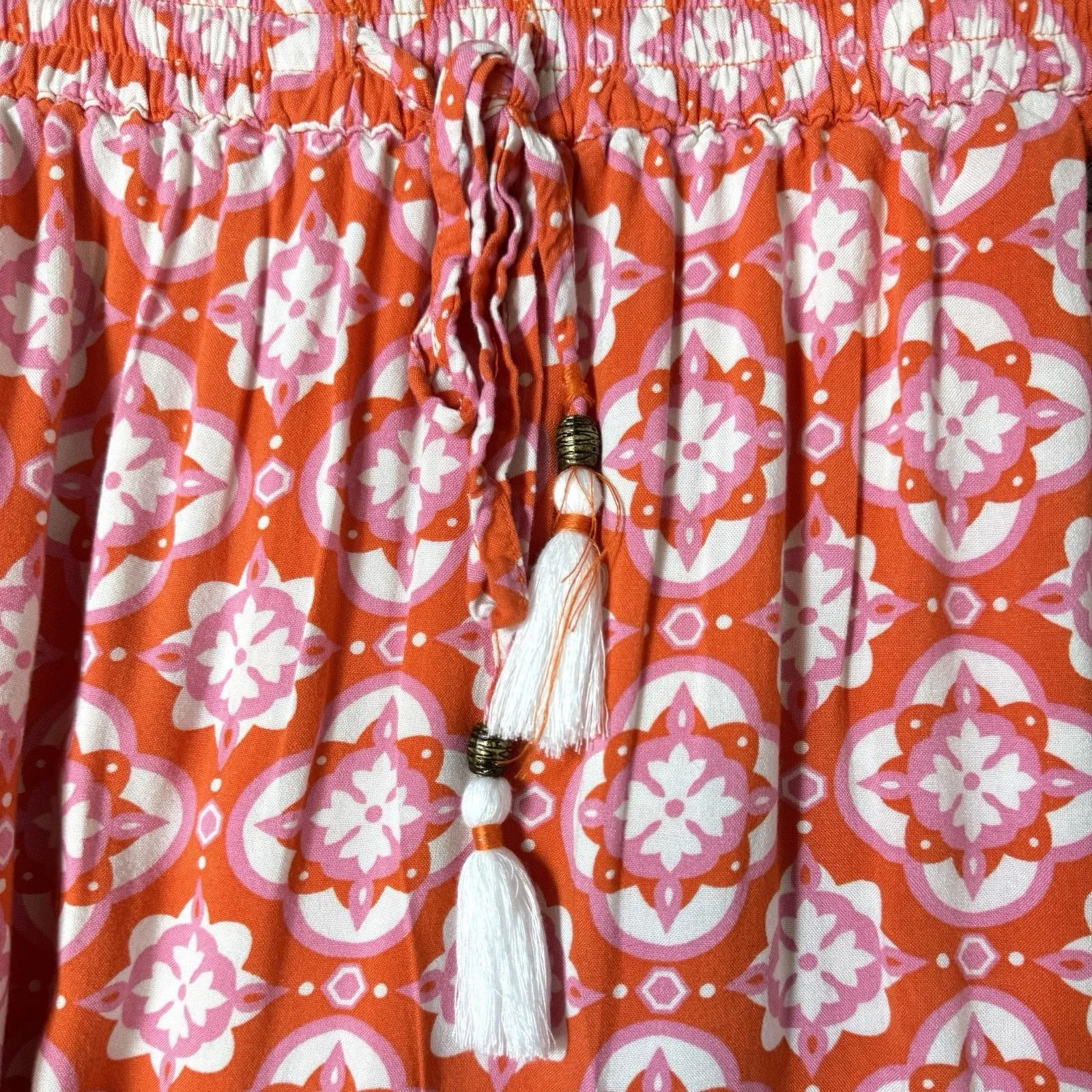 Boho Tiered Maxi Skirt Size 10 Pockets Tassels Peasant Cottagecore Prairie Y2K Orange - Image 3