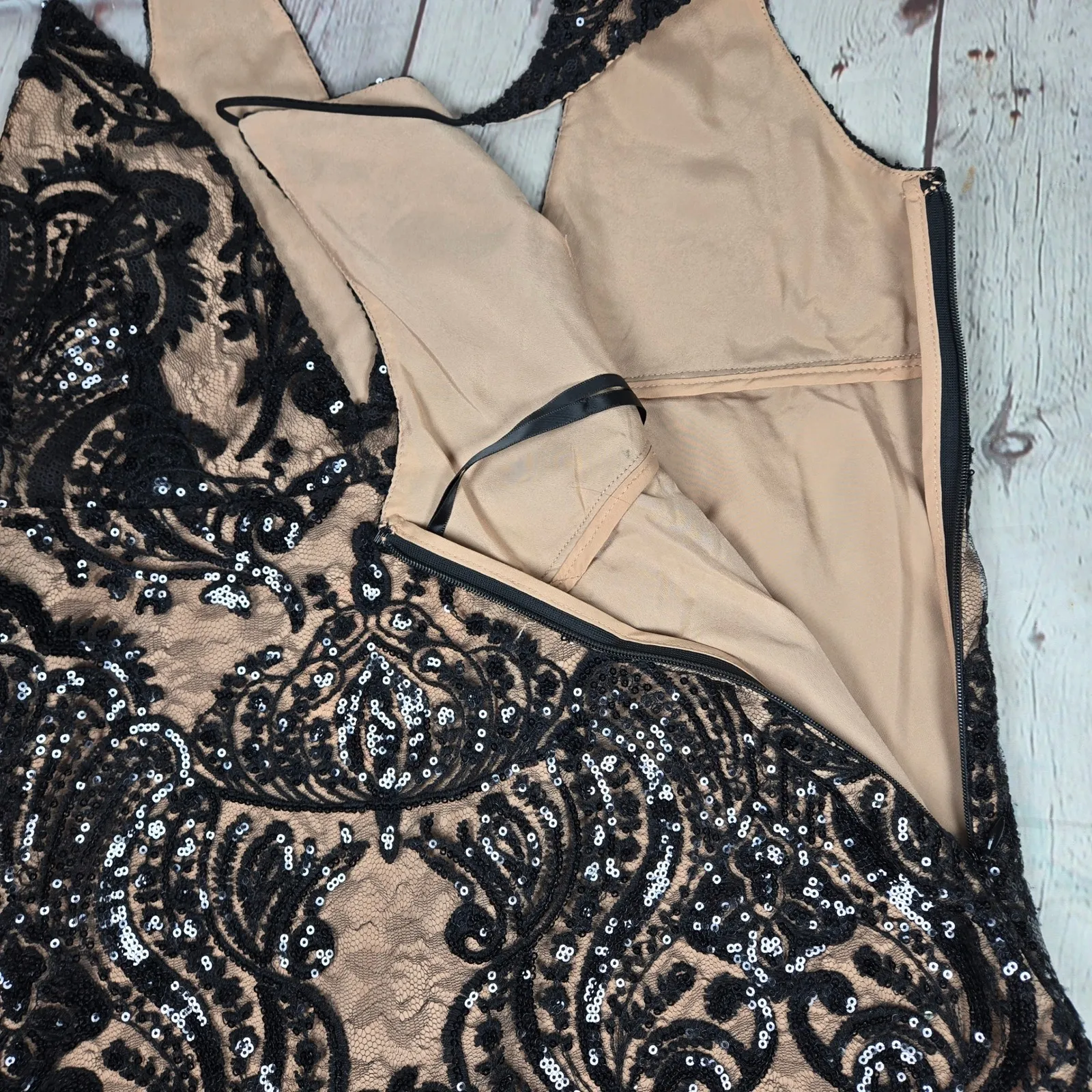 Free‎ People Black Night Shimmer Mini Dress Sequin Lace V Neck Size 6 OB553497 - Image 8