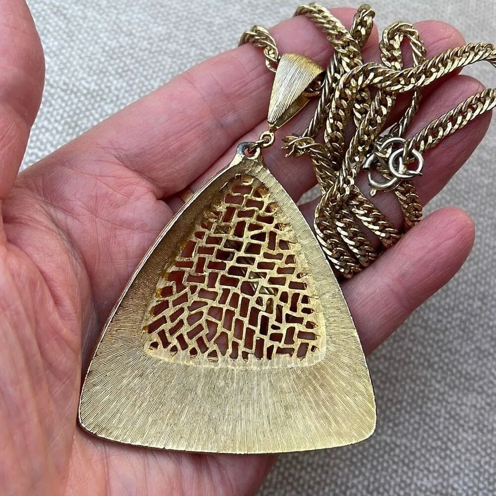 Vintage big boho triangle pendant. Gold - Image 5