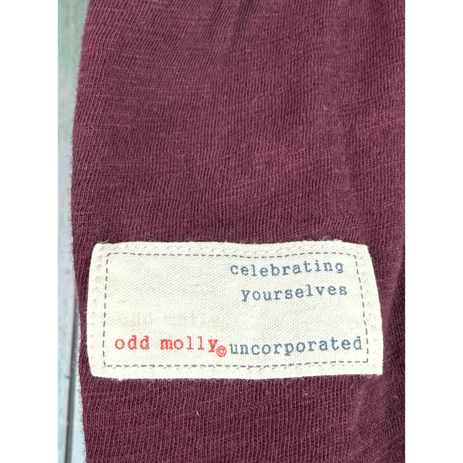 Odd Molly Anthropologie Large Maroon Dress Floral Embroidery V Neck Ruffle Hem - Image 3