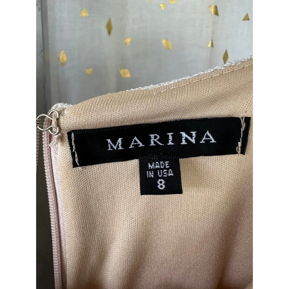 Marina Champaign Shimmer Rhinestone Neck Hardware Cut Out Chest Cocktail Dress 8 Silver - Image 4