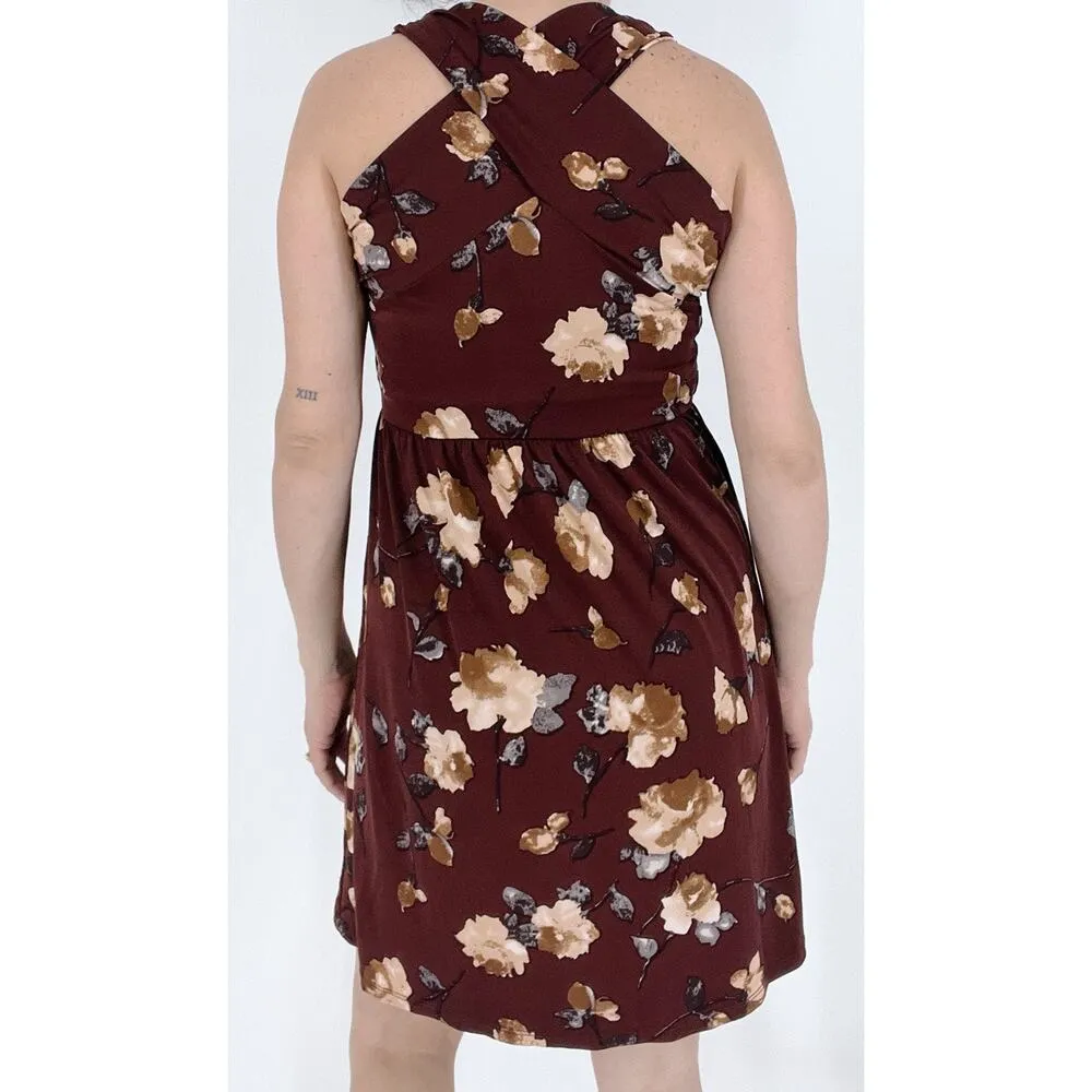 Kaileigh Floral Cross Back Maroon Blouson Dress Size Small - Image 3