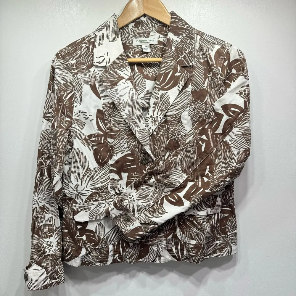 Coldwater Creek Brown & White Leaf Pattern 100% Cotton Long Sleeve Jacket MP - Image 2
