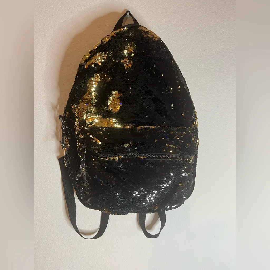 Reversible Black Gold Sequin Pocket Storage Sparkle Shiny AllAround Zip Backpack - Image 2