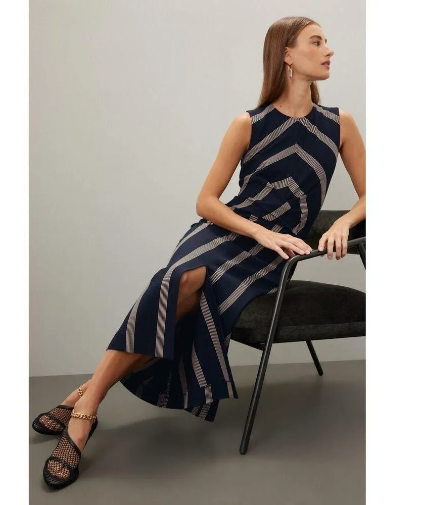 TANYA TAYLOR Dark Navy Blue Pinstripe A-Line Sleeveless Midi Dress Size Large - Image 3