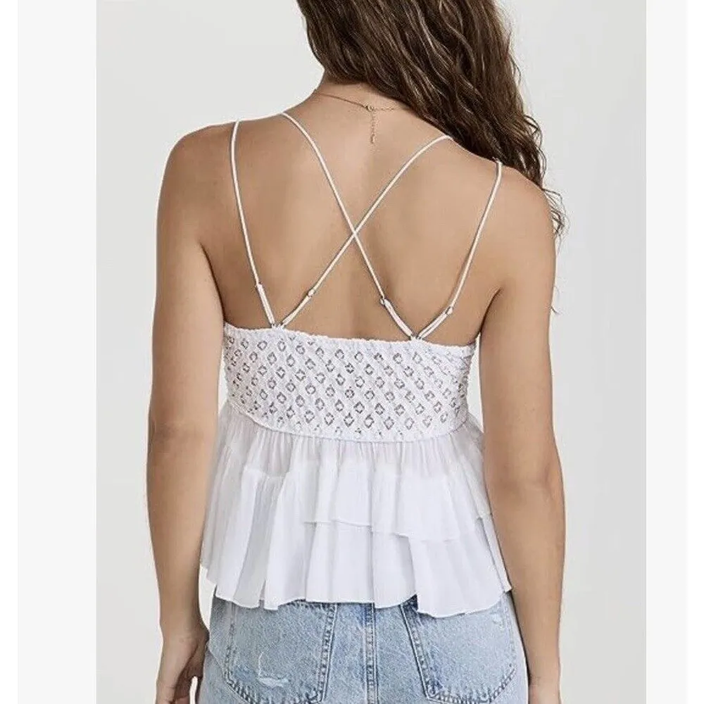 Free People Intimately X-Small Adella Cami Top White Ruffle Crochet Lace Smocked - Image 7
