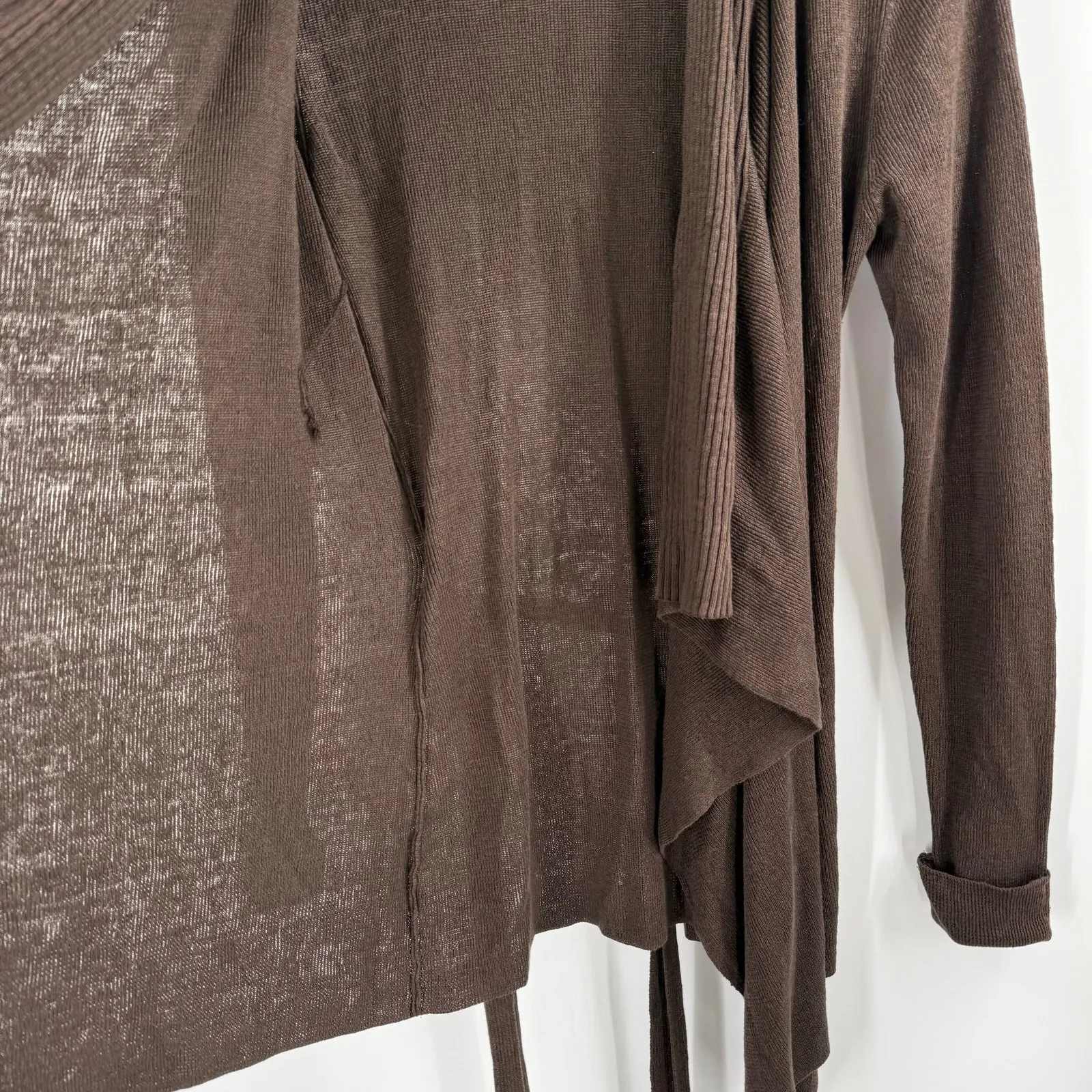 Lafayette 148 Cardigan Size Petite 100% Linen Chocolate Brown Tie Waist Knit - Image 12