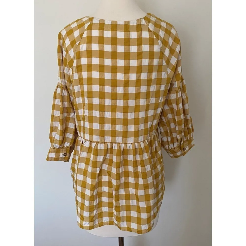 Maeve Anthropologie  April Mustard White Gingham Babydoll Tunic Blouse SP - Image 3