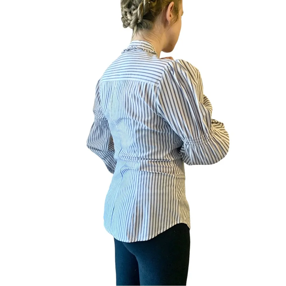 Max Studio Puff Sleeve Detail White Blue Navy pinstripe ruffle blouse - Image 5