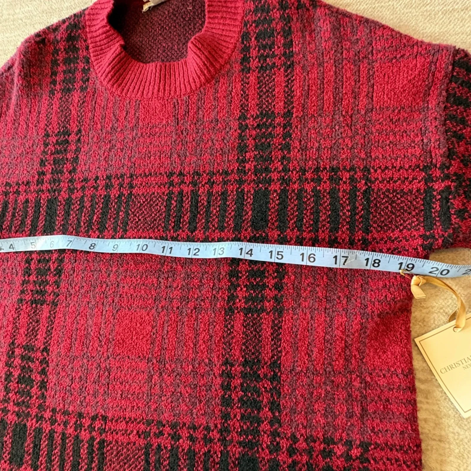 Christian Siriano Red Black Plaid Crew‎ Neck Long Sleeve Knit Sweater Beanie Set - Image 8