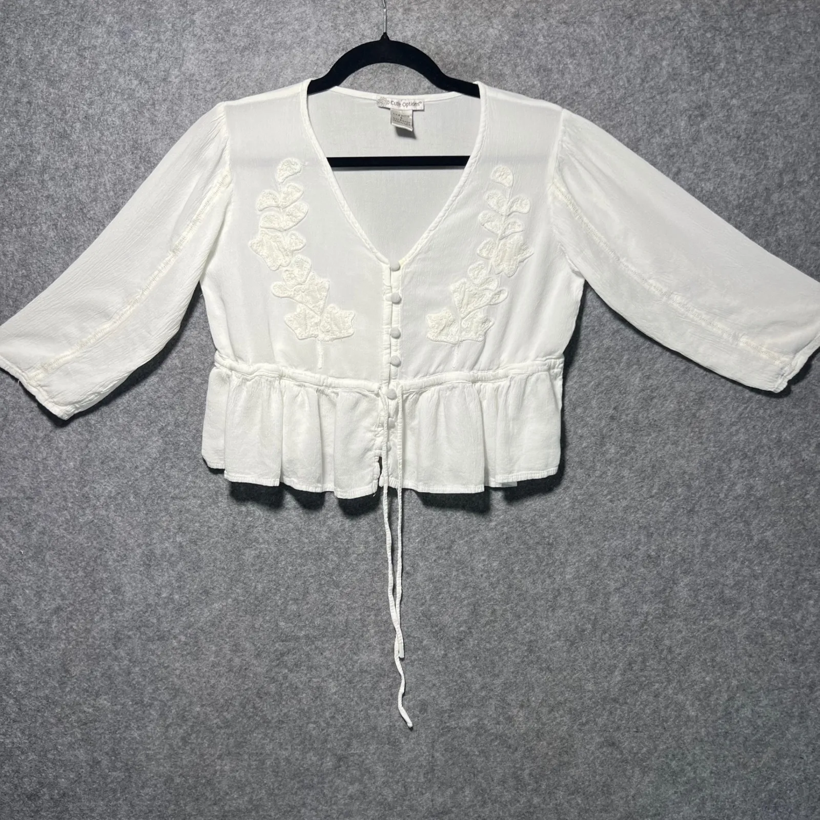 Cute Options White Embroidered Boho Peasant Blouse Cropped Tie Front S - Image 5