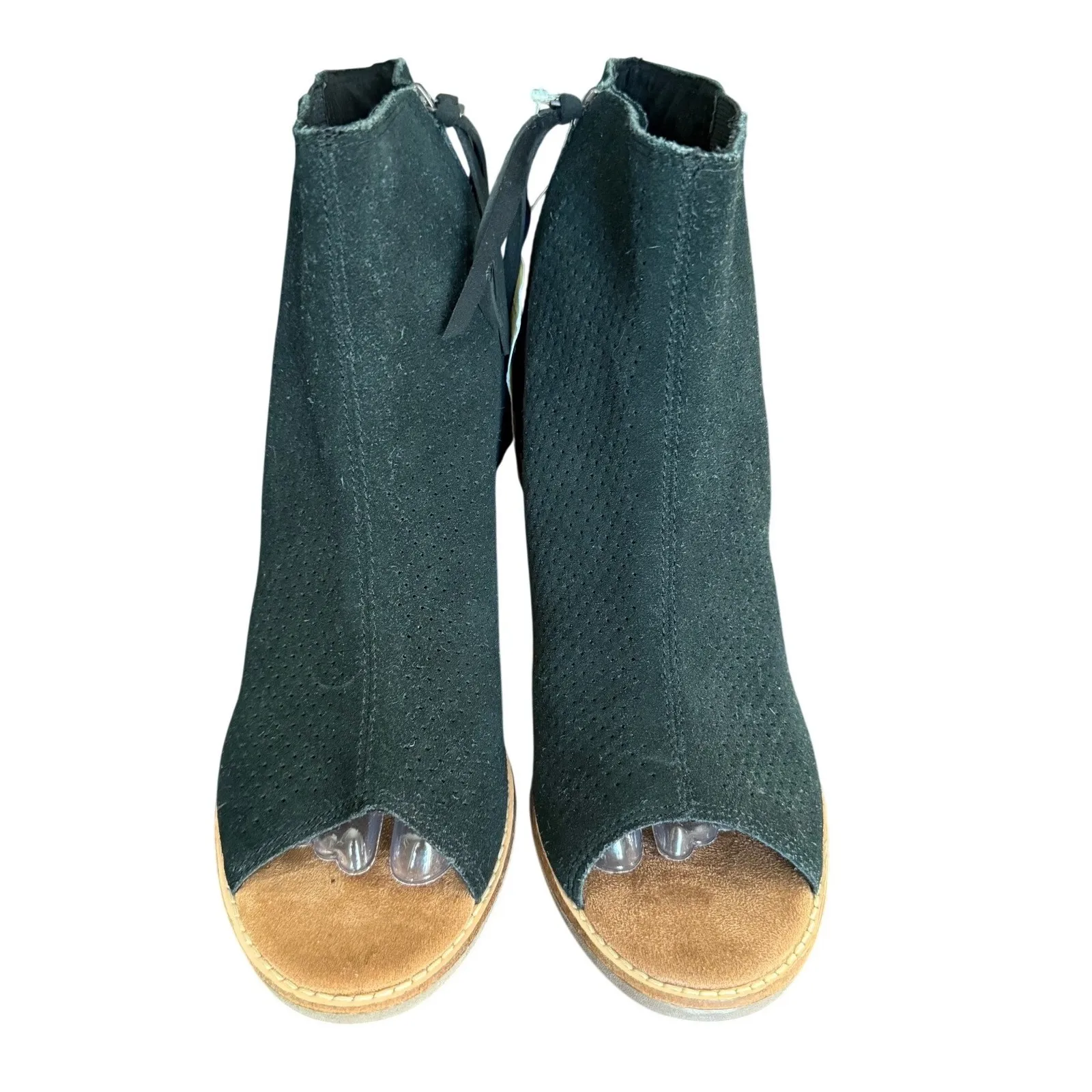 TOMS Majorca Black Suede Peep Toe Ankle Booties Block Heel Zip Up Women's Size 8 - Image 3