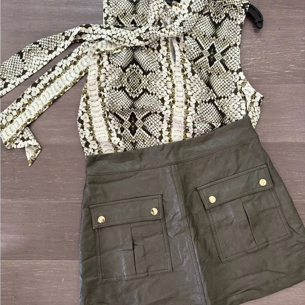 Zara Front pocket Olive Skirt vegan leather sz Med nearly new - Image 3