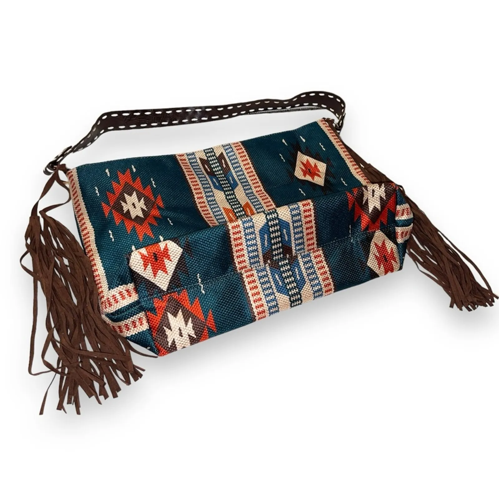 Southwestern Design Fringe Tassel Hobo Shoulder Bag Teal Blue Orange Tan Brown - Image 3