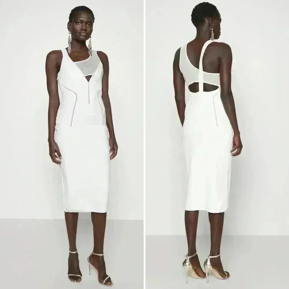 NWT - HERVÉ LÉGER X LAW ROACH Layered Sheer Intarsia Midi Dress Size Large White - Image 13