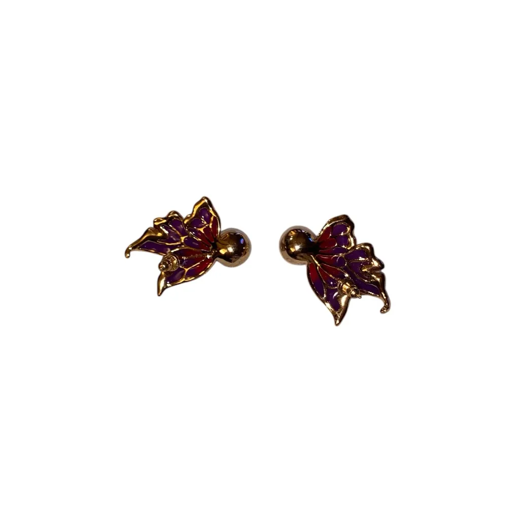 Enamel Butterfly purple pink Gold faux Pearl Earrings Fairy core fancy Glam - Image 5