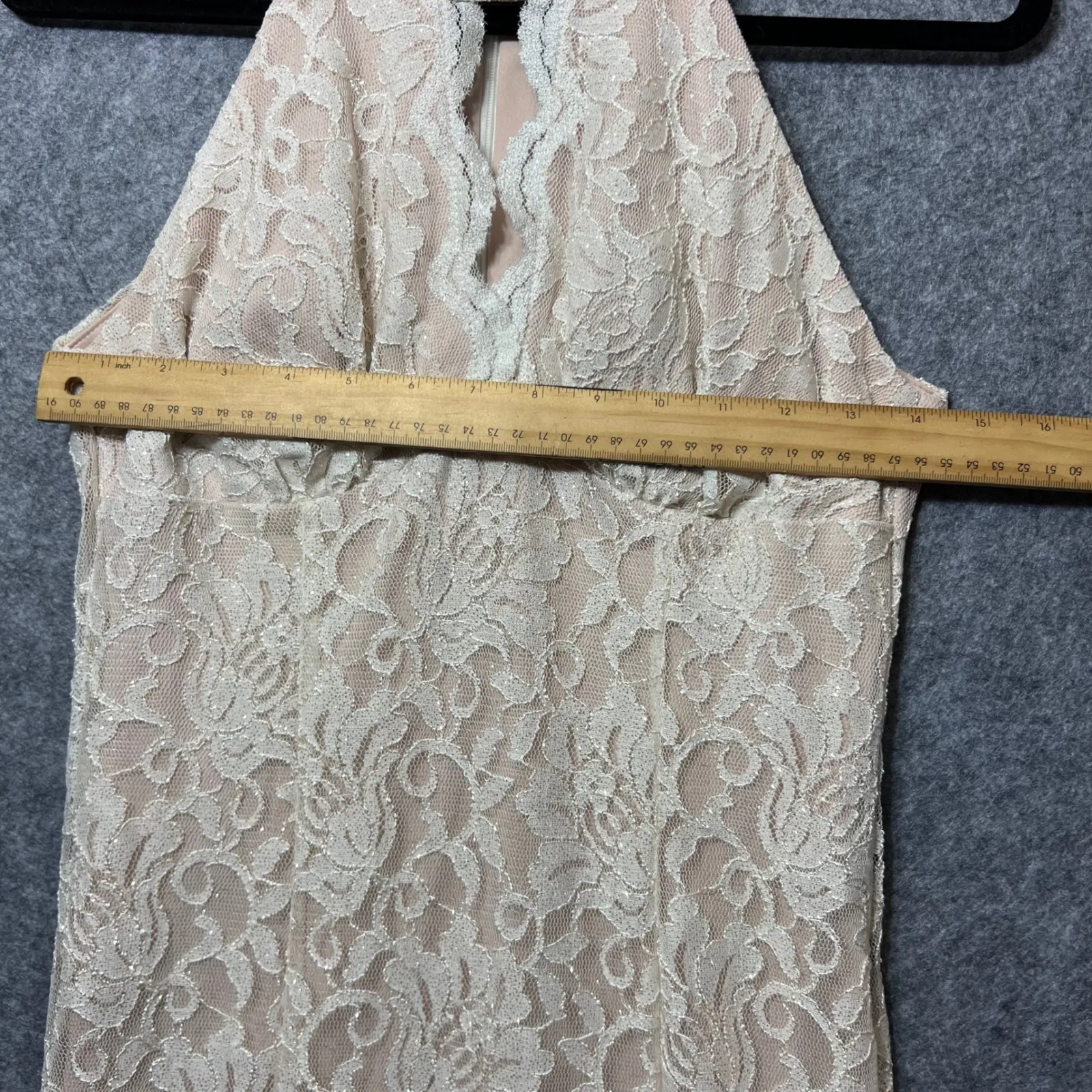 Nightway Glitter Lace Halter Keyhole Dress 4P‎ Evening Gown Mermaid Wedding Prom Tan - Image 3