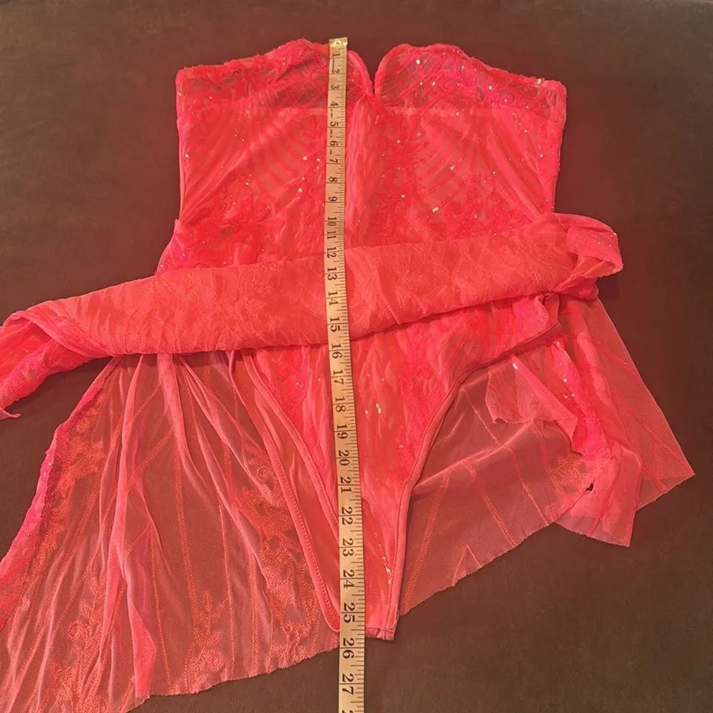 Womens Skimpy Sexy Pink Strapless Sheer Sparkly Party Club Dress Bodysuit Size M Size M - Image 9