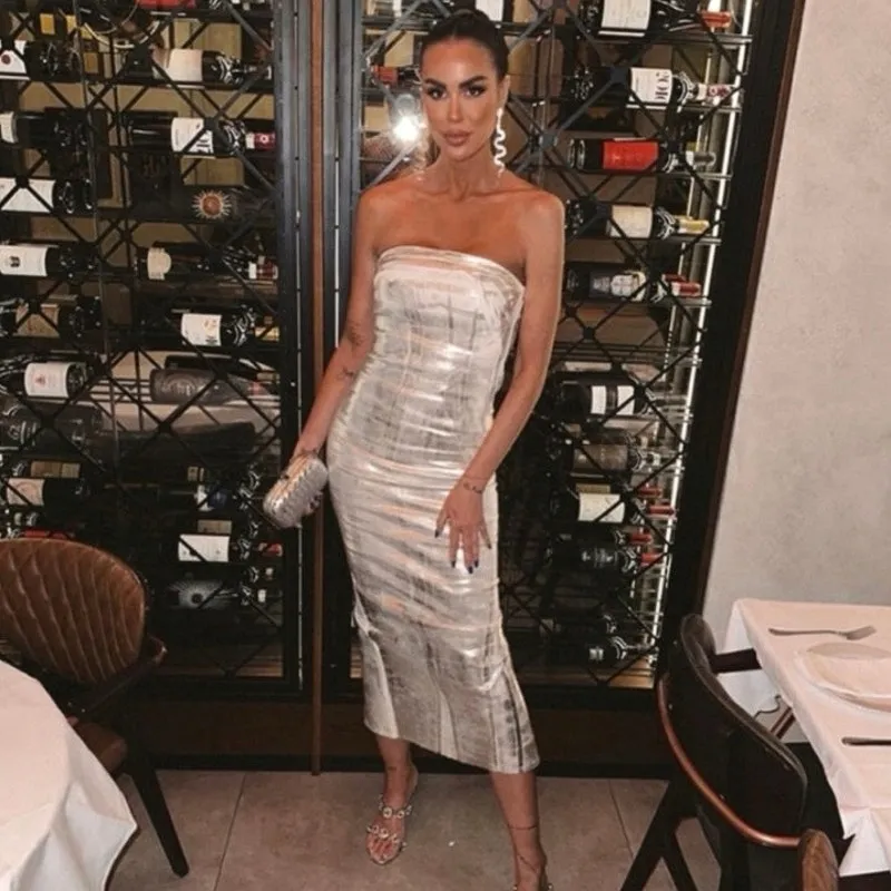 NEW Zara Silver Metallic Strapless Sleeveless Maxi Tube Cocktail Formal Dress XS - Image 10