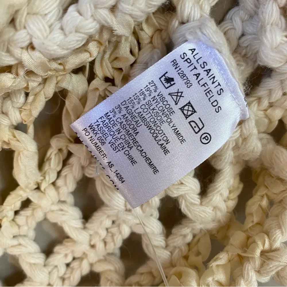 ALLSAINTS ivory crochet tassel vest sleeveless fringe top Sz 8 - Image 10