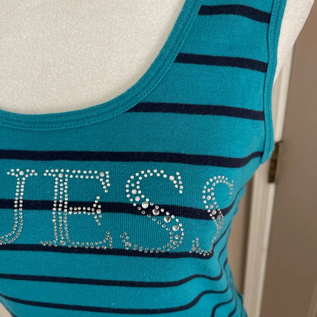Guess dark teal & black striped tank top with rhinestone logo. Size XL. - Image 3