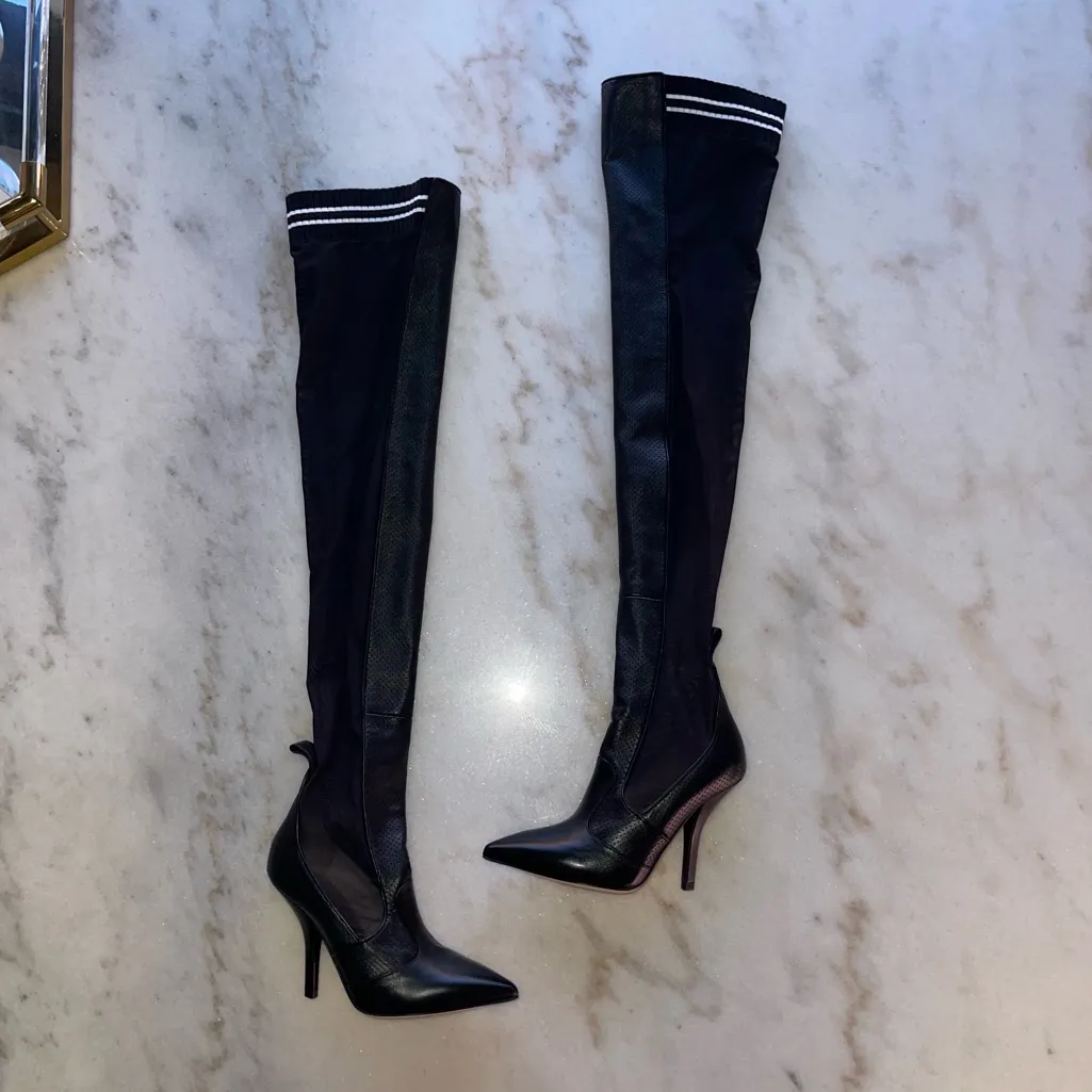 Fendi Black Perforated Leather Mesh Thigh-High Boots - Image 5