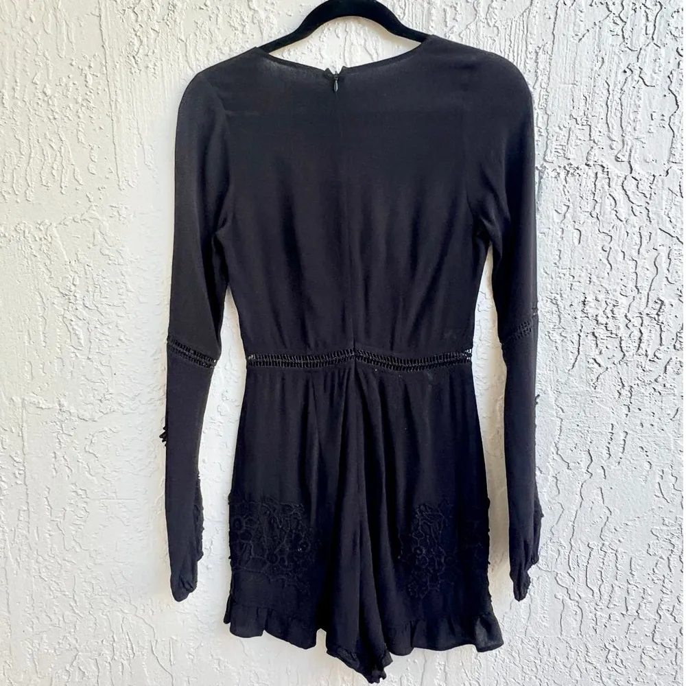 For Love & Lemons Floral Long Sleeve Plunging V-Neck Romper Black Women's XS - Image 6