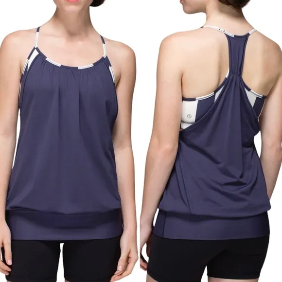 No Limits Layered Sports Bra Loose Fit Tank Top Cadet Blue Stripe Sz 4 - Image 2