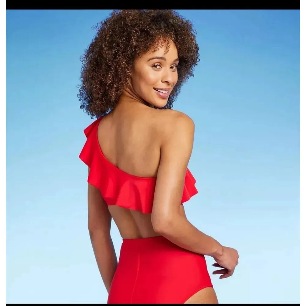 Kona Sol One Shoulder Flounce Bikini Top Removable Pads Red Womens Medium NWT - Image 2