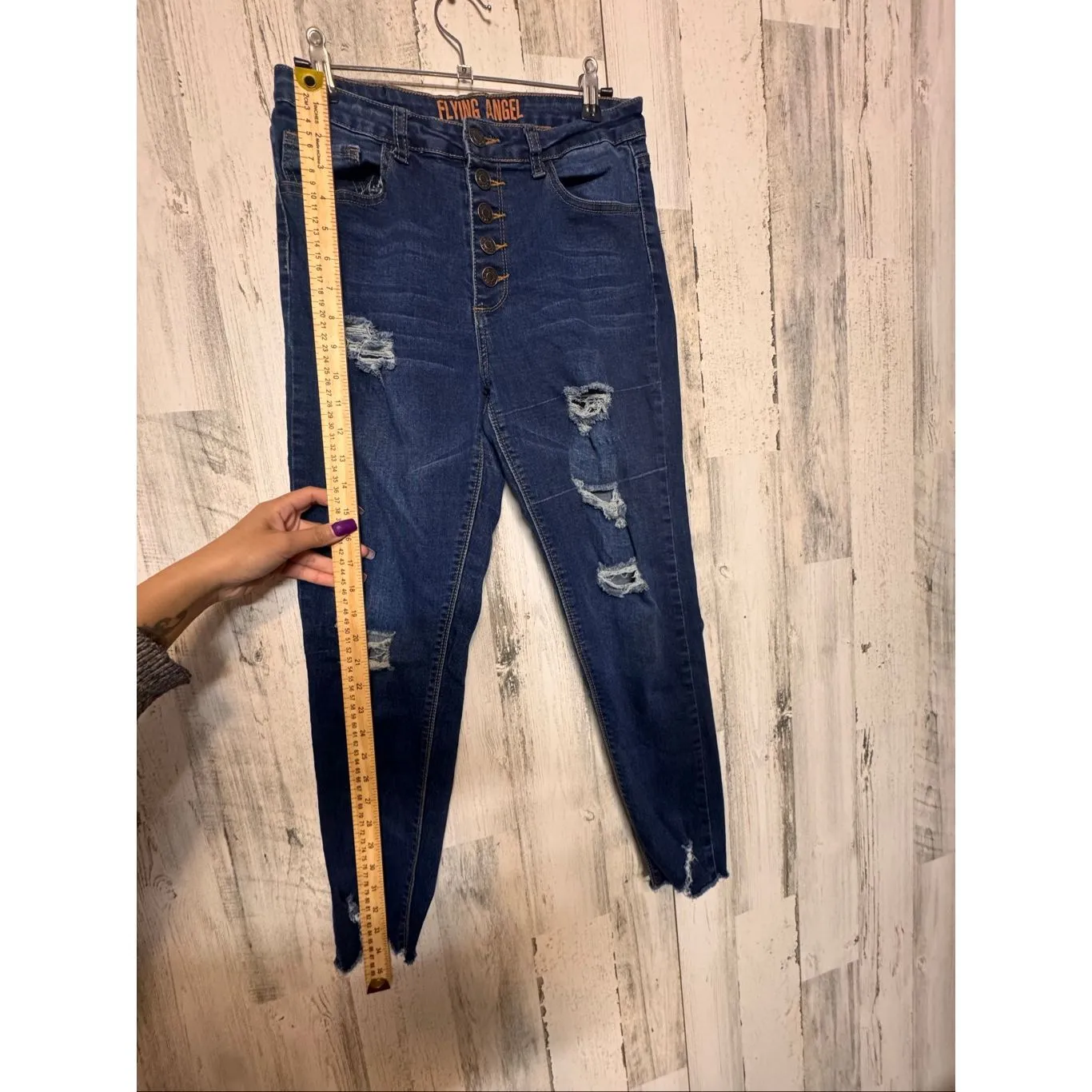 Flying Angel High Rise Distressed Skinny Jeans Dark Wash Button Fly – Size 9 Blue - Image 6