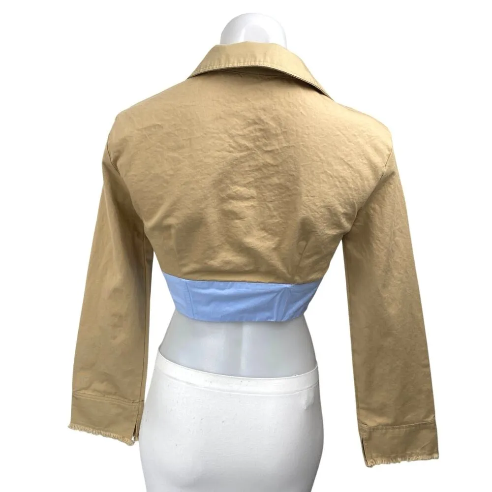 Zara Brown Blue Colorblock Long Sleeve Button Down Crop Shirt Jacket Top Size XS - Image 2