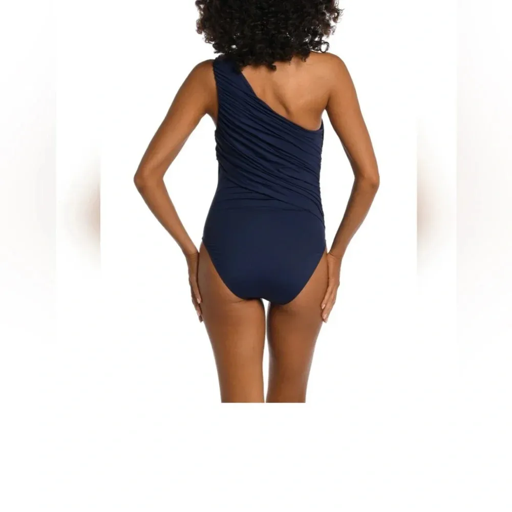 La Blanca Island Goddess Shirred One Shoulder One Piece in Indigo $120 - Image 3