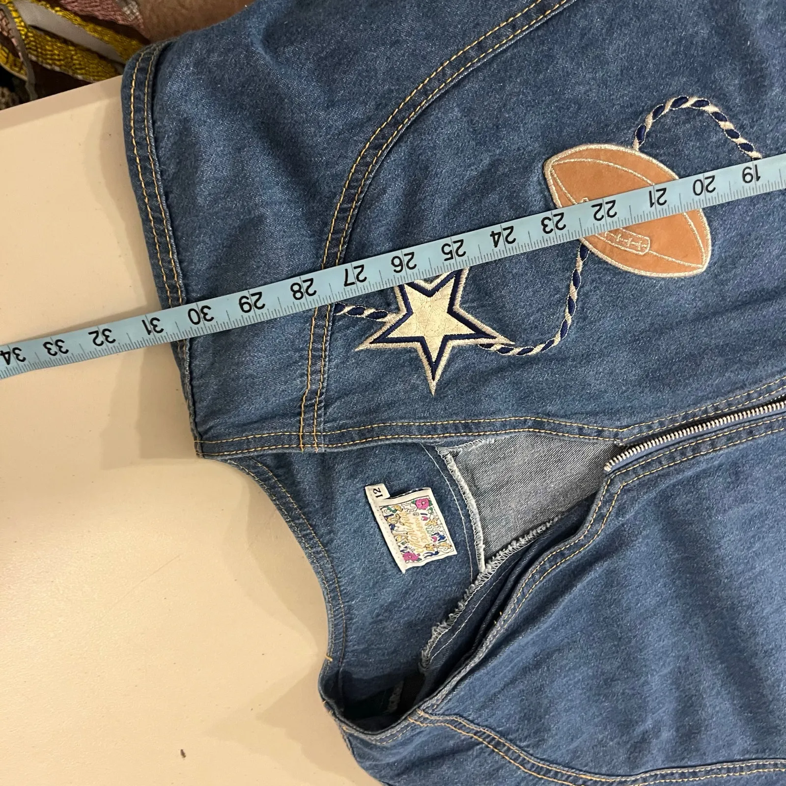 Vintage Denim Cotton Zip Up Sports Football Embroidered Jean Shirt Size Large Blue - Image 8