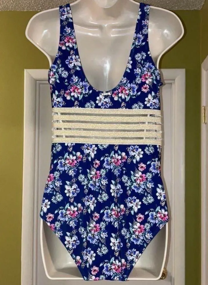 Nicole Miller Trim Torso One Piece Swimsuit Blue Floral Women’s Medium M - Image 6
