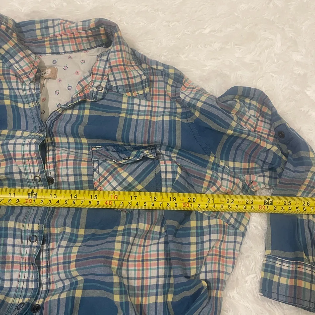 Arizona Jean company blue plaid button up top shirt 3/4 sleeves XL - Image 4