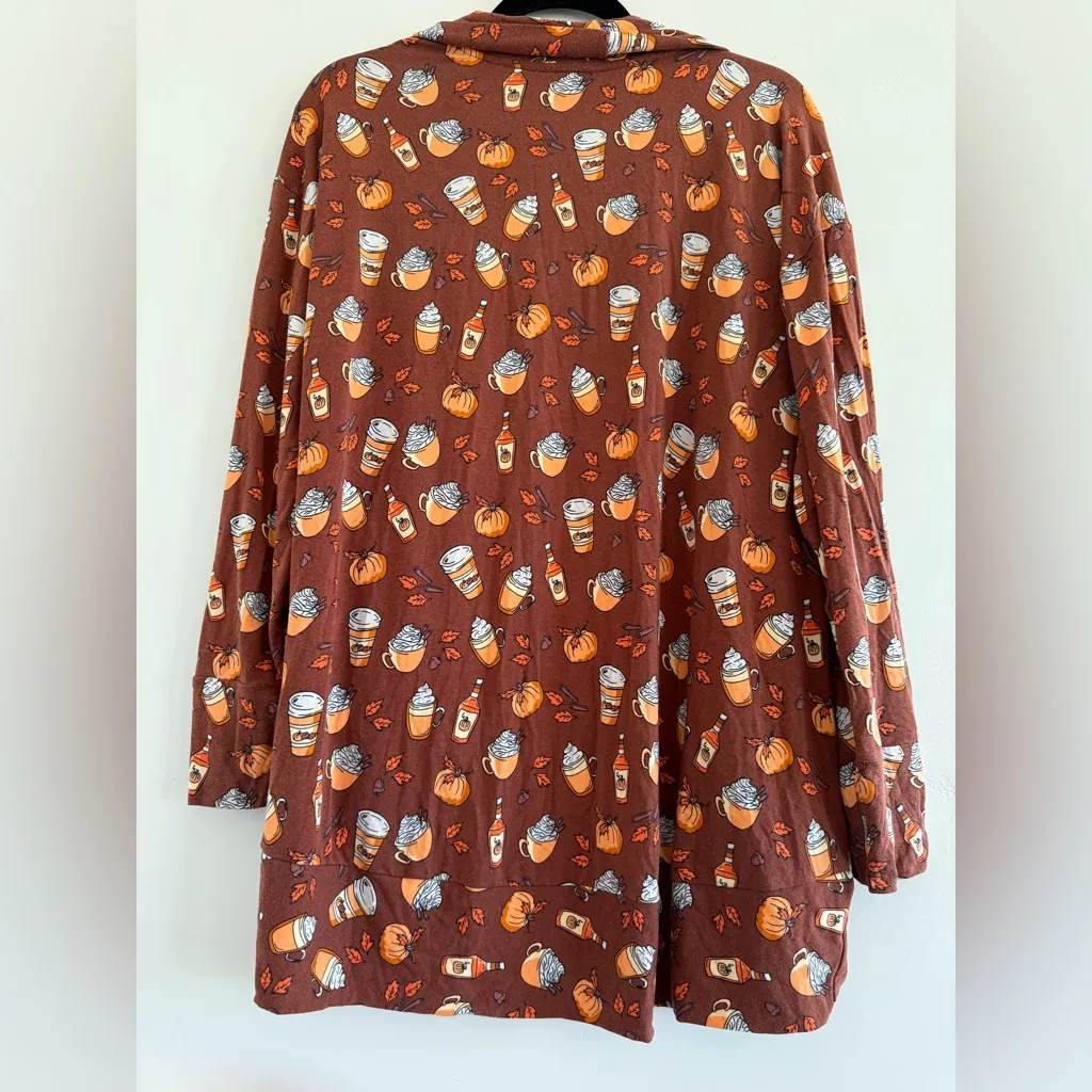 Pumpkin Coffee chocolate fall leaves sweater cardigan Print Long Sleeve size L Brown Size L - Image 2