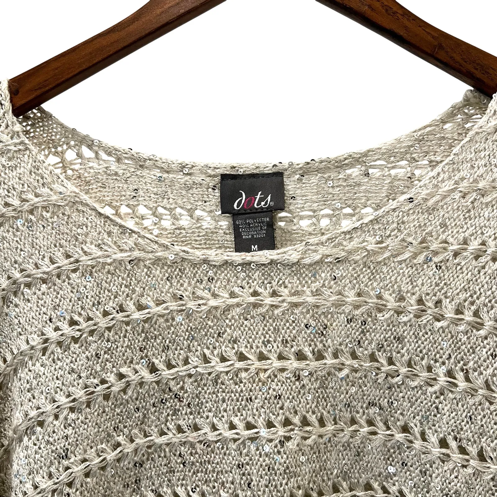 Dots Crochet Open Knit Sweater Cream Silver Sequins Size Medium - Image 3